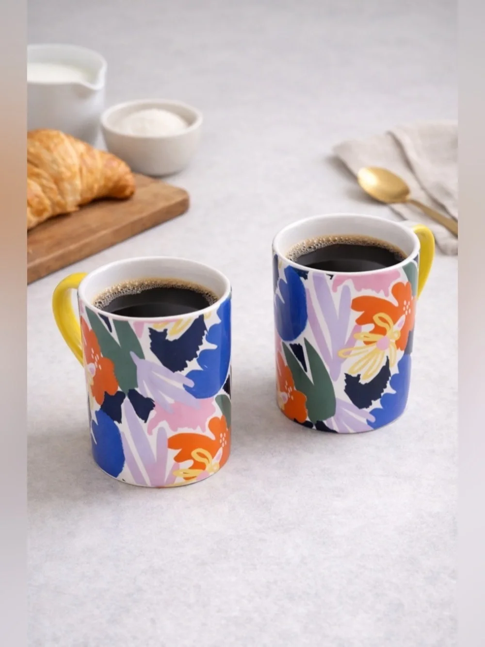 Floral colorful Ceramic Mugs with Yellow Handle